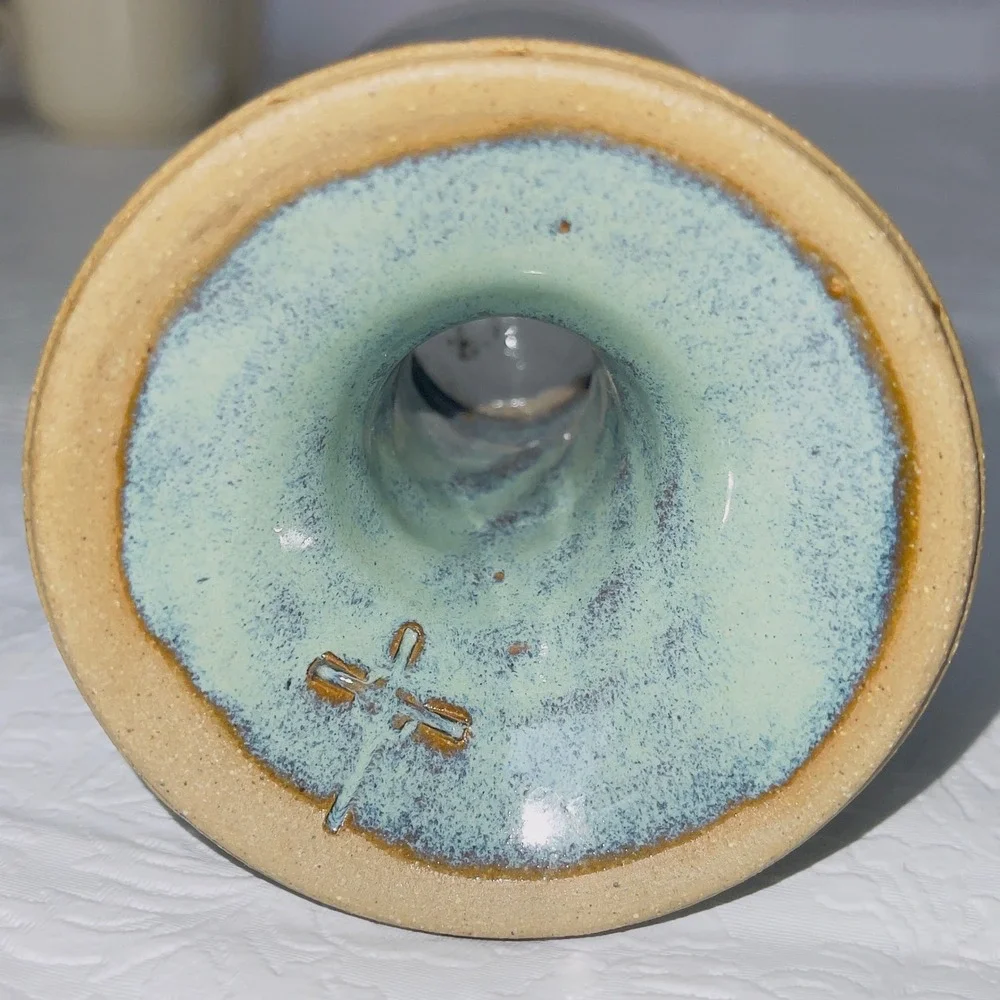 Unbranded Pottery Small Bud Tea Candle Blue Glaze Dragonfly Mark Stoneware Decor